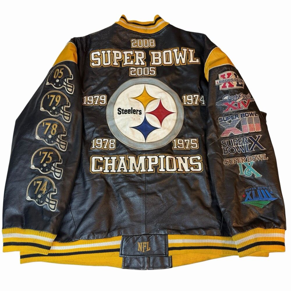 NFL Steelers 4XL Leather Jacket 6X Super Bowl Champions Game G-III Varsity Black